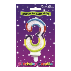 Number 3 Multi Coloured Glittered Birthday Candle